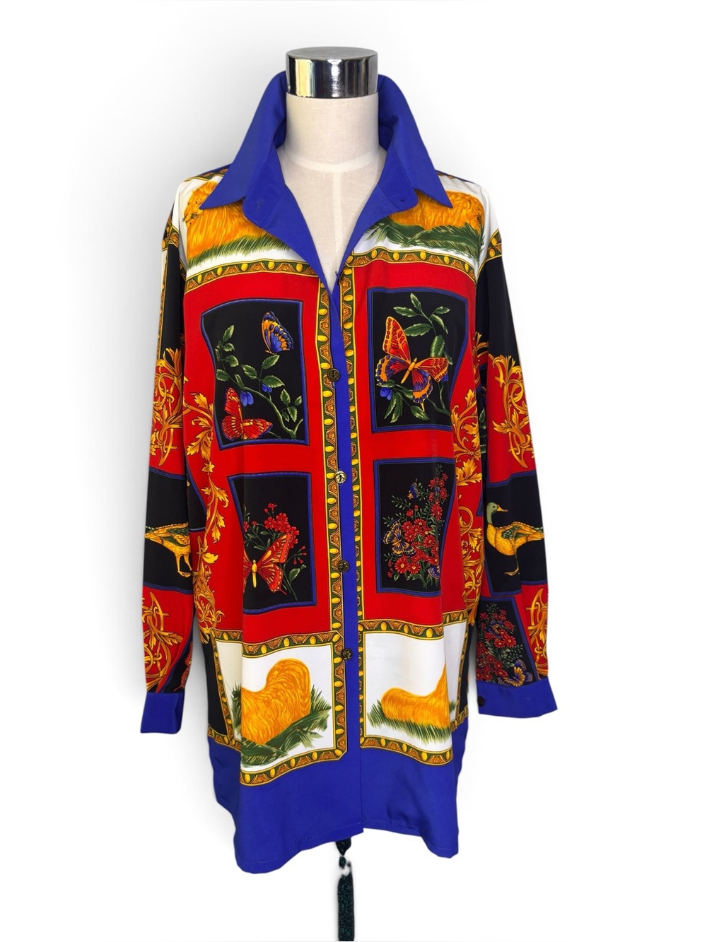 Vintage Silk Bold Red & Blue Printed Button-Up Blouse - Designer Style